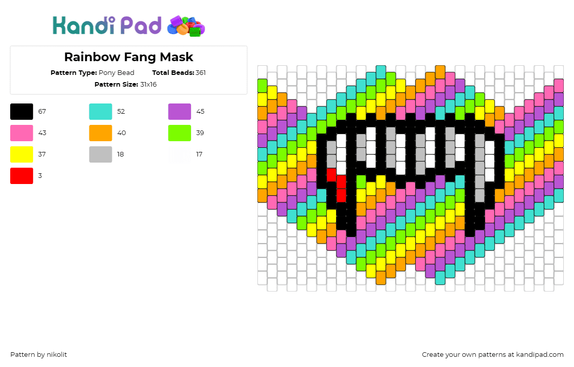 Rainbow Fang Mask - Pony Bead Pattern by nikolit on Kandi Pad - fangs,mask,colorful,vampire,rainbow,playful,edgy,vibrant,striking