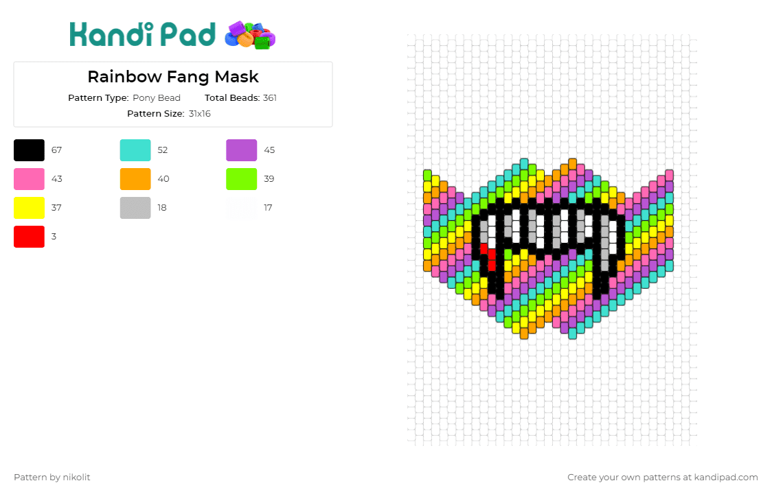 Rainbow Fang Mask - Pony Bead Pattern by nikolit on Kandi Pad - fangs,mask,colorful,vampire,rainbow,playful,edgy,vibrant,creative,striking