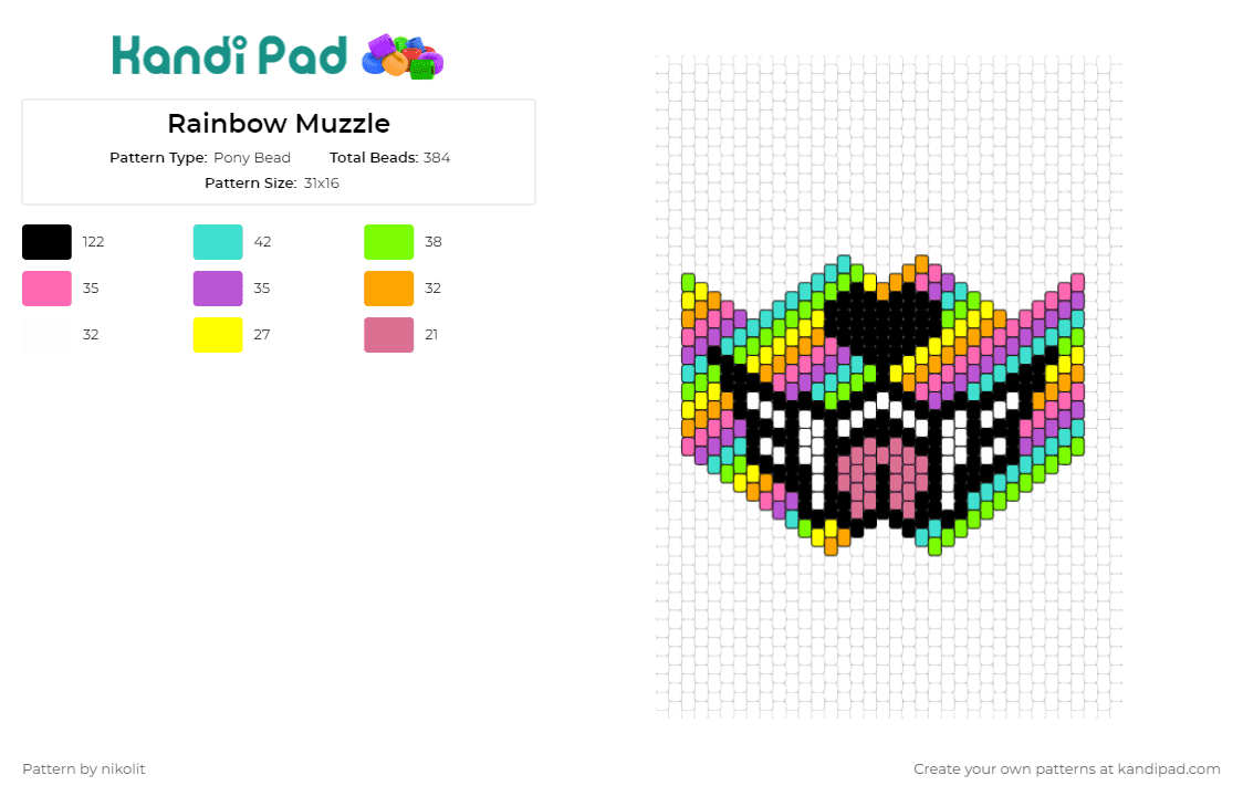 Rainbow Muzzle - Pony Bead Pattern by nikolit on Kandi Pad - muzzle,furry,mask,pastel,soft tones,unique style,expression,masterpiece,blending,soft colors