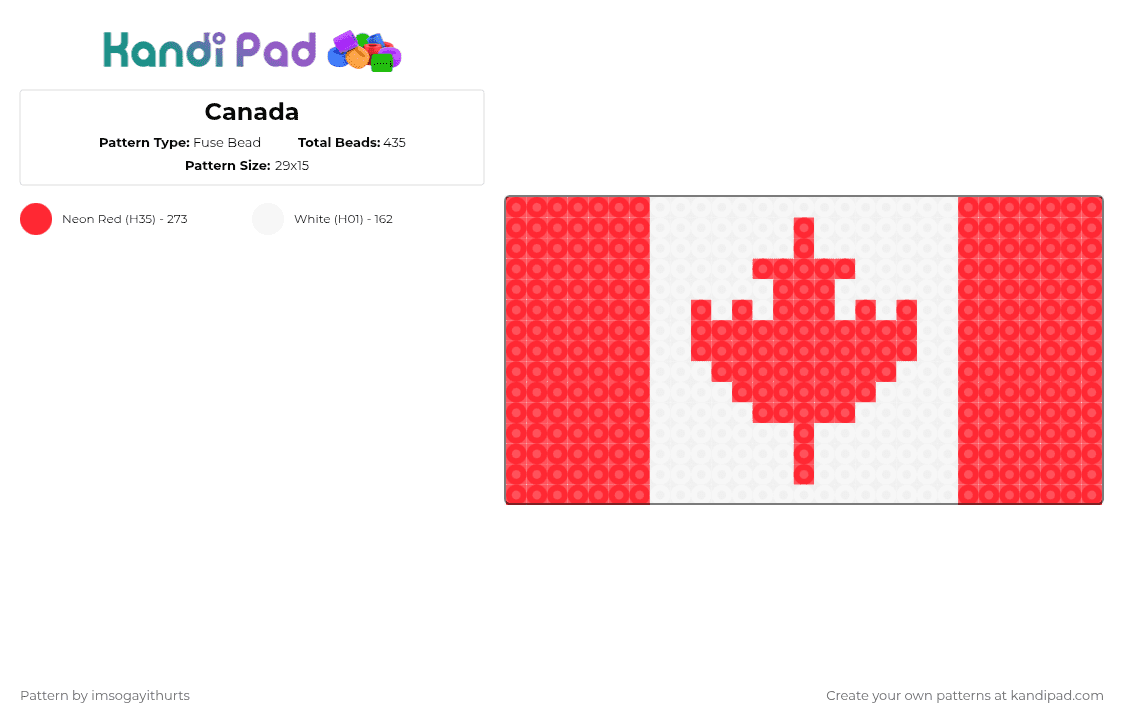 Canada - Fuse Bead Pattern by gayestraccoonevrr on Kandi Pad - red,white