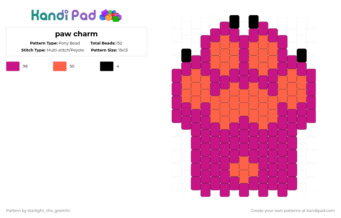 paw charm - Pony Bead Pattern by starlight_the_gremlin on Kandi Pad - pink,red