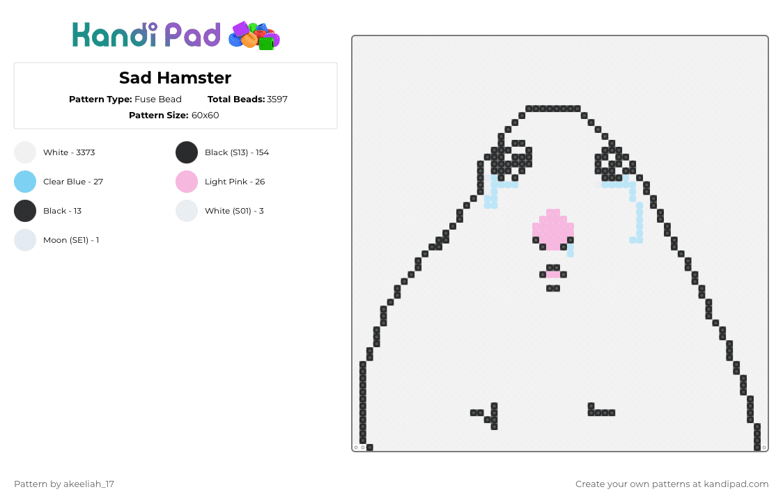 Sad Hamster - Fuse Bead Pattern by akeeliah_17 on Kandi Pad - white,light blue,pink