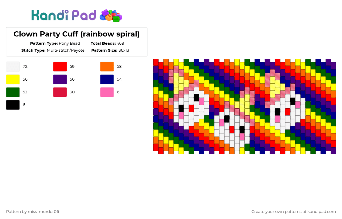 Clown Party Cuff (rainbow spiral) - Pony Bead Pattern by miss_murder06 on Kandi Pad - red,yellow,purple