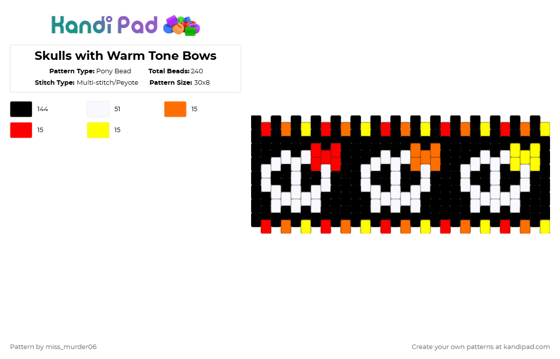 Skulls with Warm Tone Bows - Pony Bead Pattern by miss_murder06 on Kandi Pad - black,white,red,colorful,skulls,warm tones,30x8,multicolor