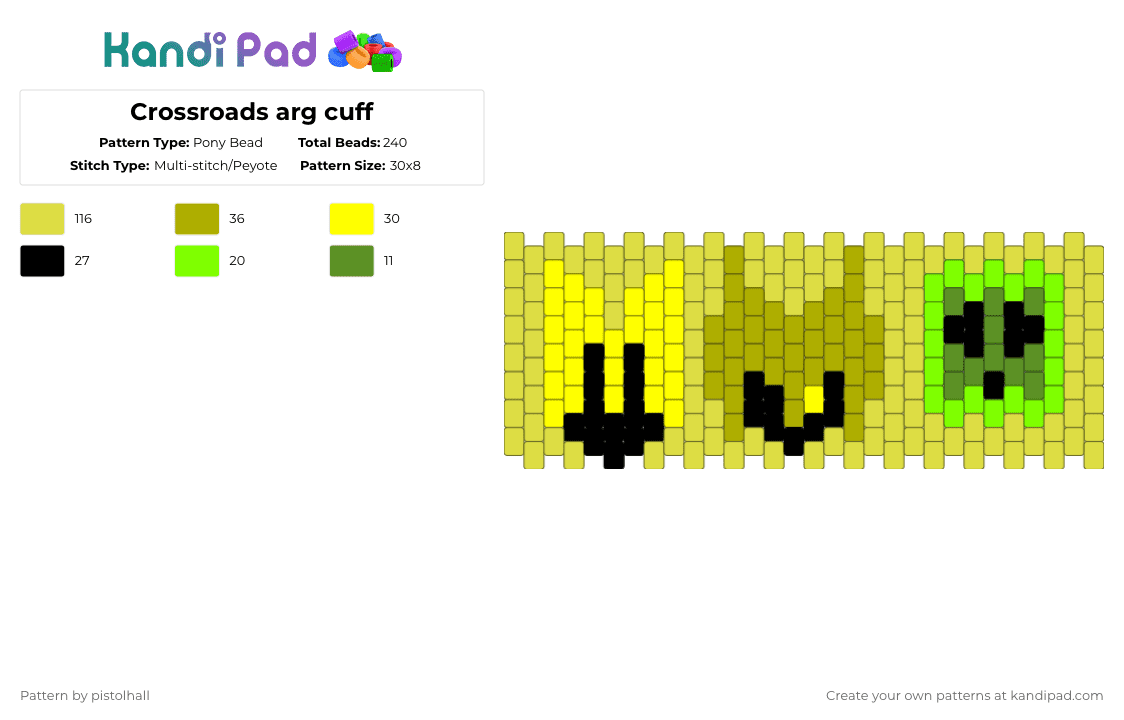 Crossroads arg cuff - Pony Bead Pattern by pistolhall on Kandi Pad - yellow,green