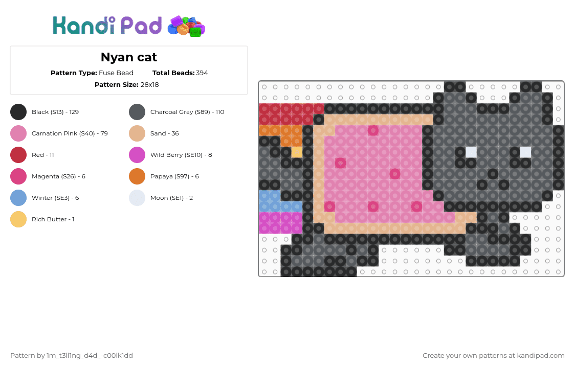 Nyan cat - Fuse Bead Pattern by deleted_user_931796 on Kandi Pad - gray,beige,pink
