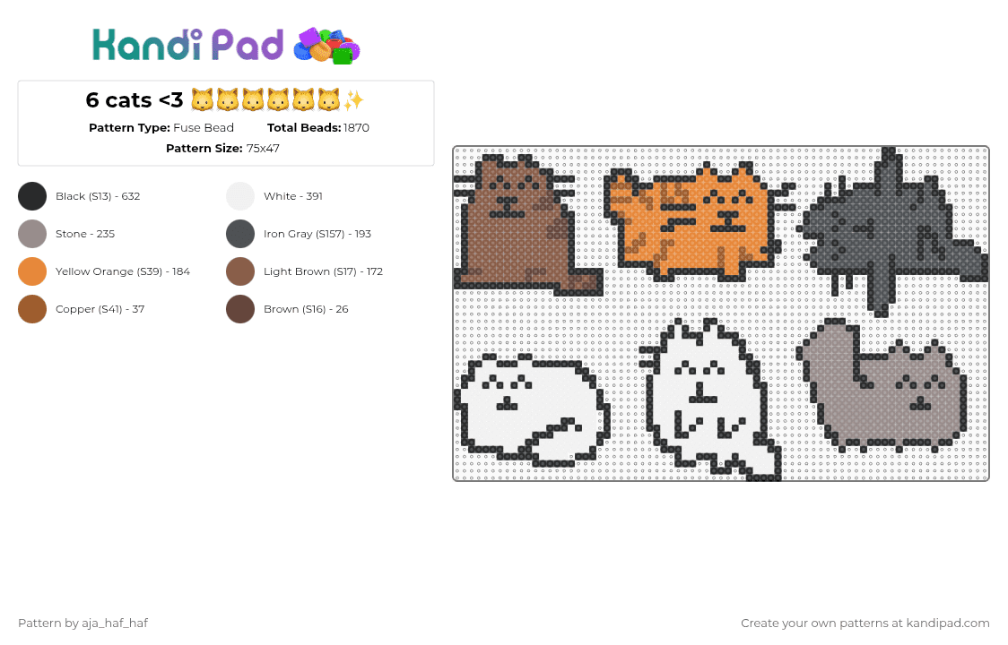 6 cats - Fuse Bead Pattern by aja_haf_haf on Kandi Pad - tan,orange,purple,gray