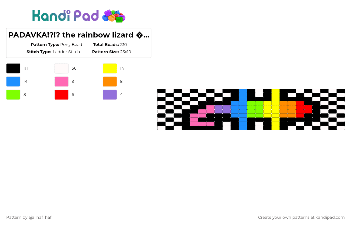 PADAVKA!?!? the rainbow lizard 🦎🌈💗 - Pony Bead Pattern by aja_haf_haf on Kandi Pad - black,white,yellow,light blue,colorful