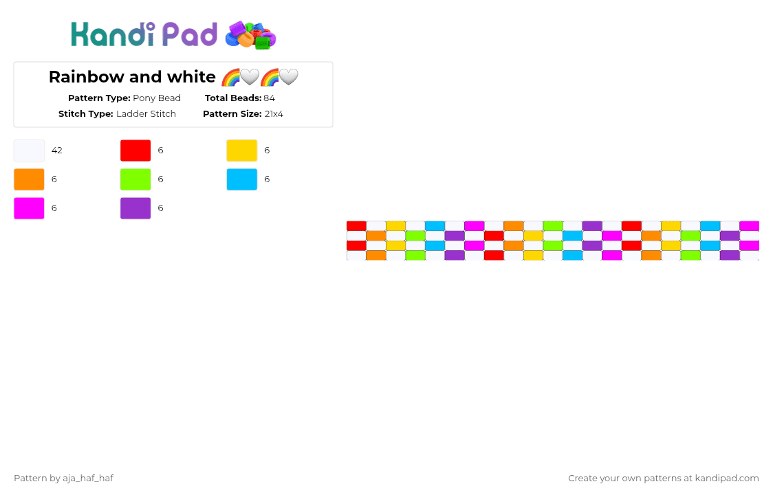Rainbow and white 🌈🤍🌈🤍 - Pony Bead Pattern by aja_haf_haf on Kandi Pad - white,yellow,green,pink,colorful