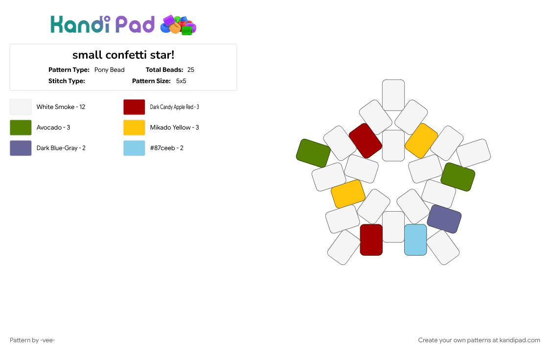 small confetti star! - Pony Bead Pattern by -vee- on Kandi Pad - confetti, green, red, small, star, white, yellow