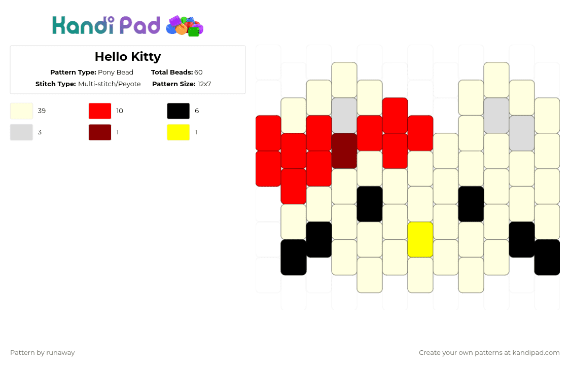 Hello Kitty - Pony Bead Pattern by spark-da-shark on Kandi Pad - white,red,sanrio,hello kitty