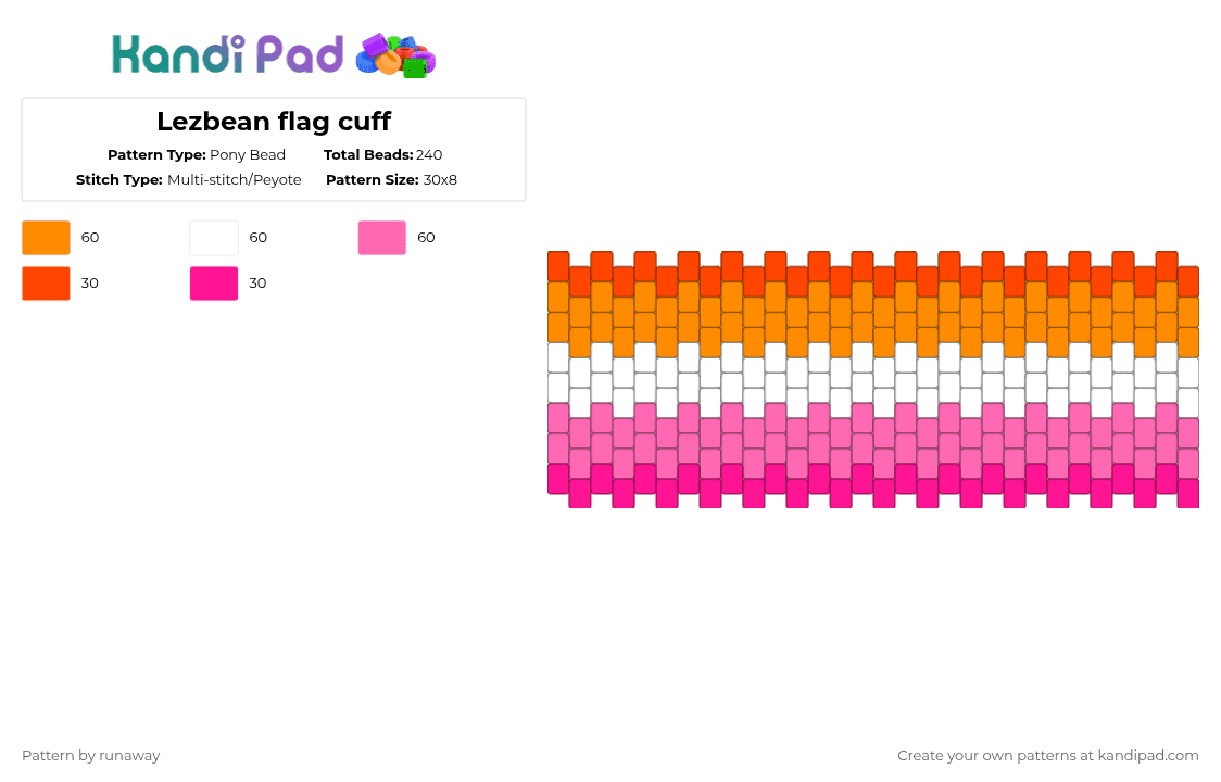 Lezbean flag cuff - Pony Bead Pattern by spark-da-shark on Kandi Pad - orange,pink,pride,lesbian