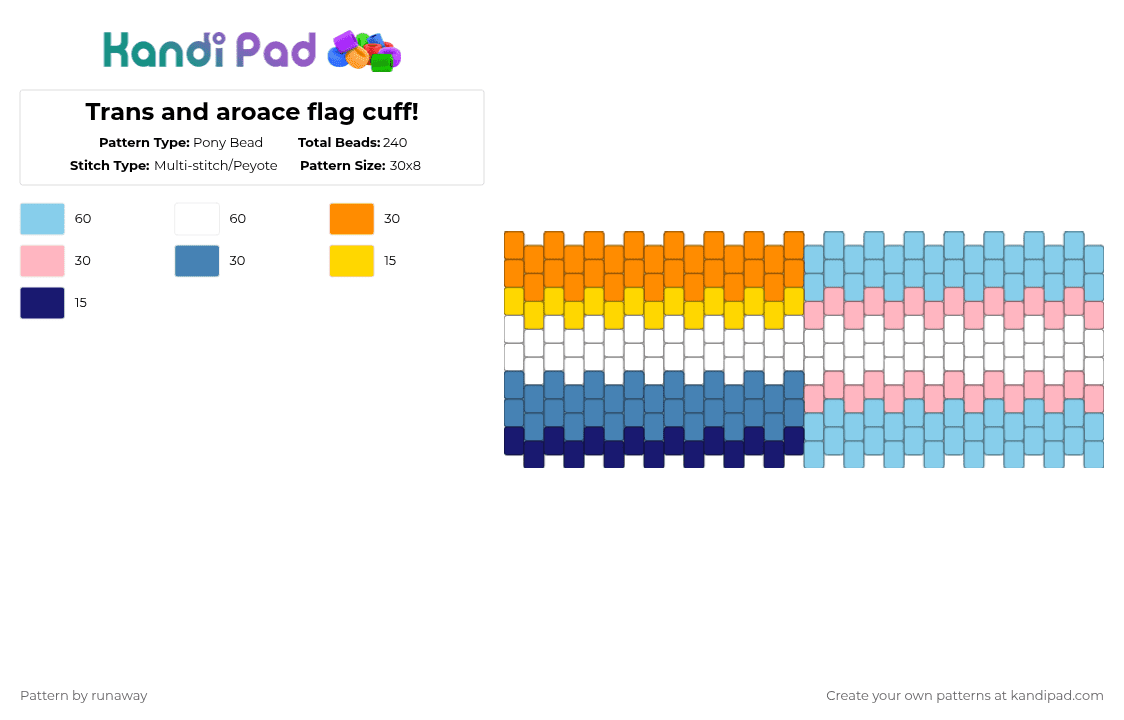Trans and aroace flag cuff! - Pony Bead Pattern by spark-da-shark on Kandi Pad - orange,light blue,pink,blue,trans,transgender,aroace,pride,lgbtq,lgbtqia