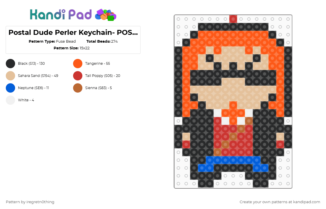 Postal Dude Perler Keychain- POSTAL 1997 - Fuse Bead Pattern by iregretn0thing on Kandi Pad - black,orange,beige,postal,postal dude,postal 1997,running with scissors,rws,postal game,keychain