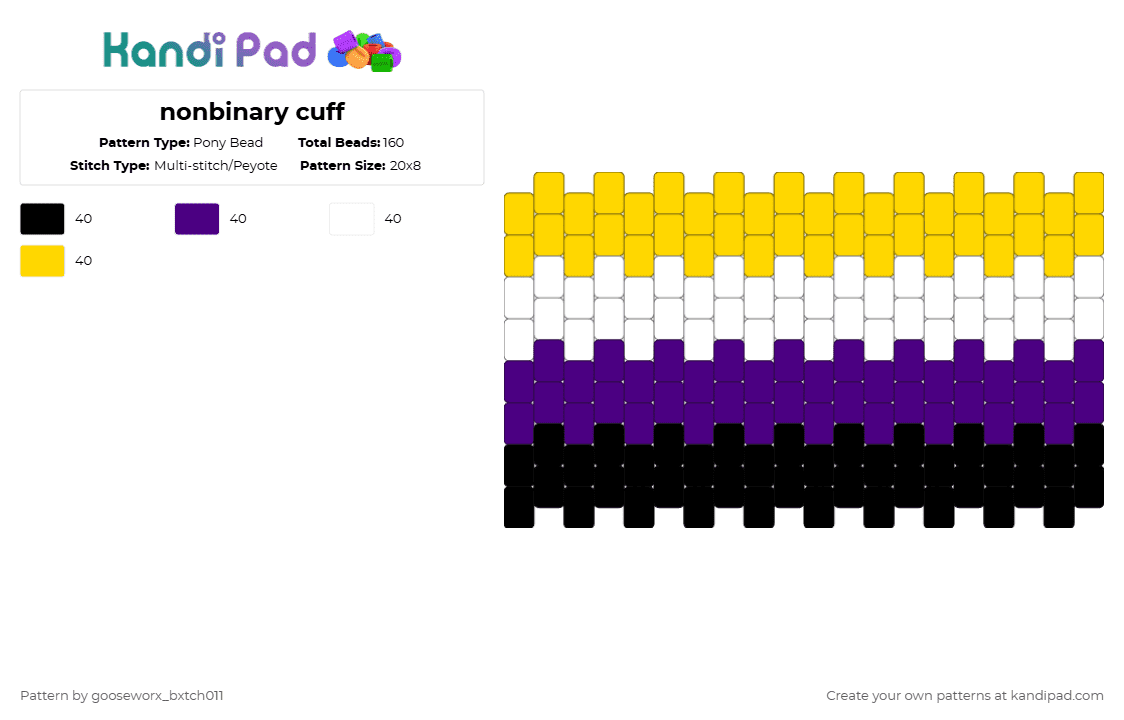 nonbinary cuff - Pony Bead Pattern by gooseworx_bxtch011 on Kandi Pad - purple,yellow