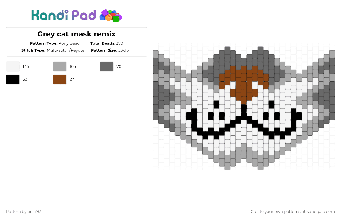Grey cat mask remix - Pony Bead Pattern by anni97 on Kandi Pad - gray,beige