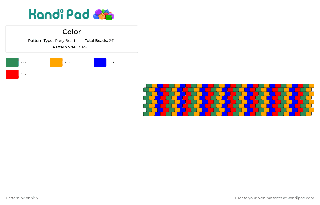 Color - Pony Bead Pattern by anni97 on Kandi Pad - stripes,cuff,colorful,accessories,bold,striking,red,blue,yellow,green