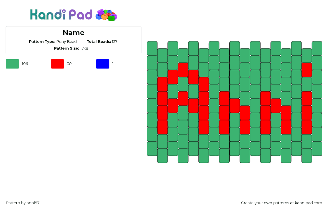 Name - Pony Bead Pattern by anni97 on Kandi Pad - anni,name,text,charm,red,green