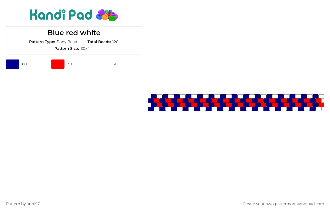 Blue red white - Pony Bead Pattern by anni97 on Kandi Pad - bracelet,cuff,vibrant,wristwear,combination,hues,blue,red,white,patriotic