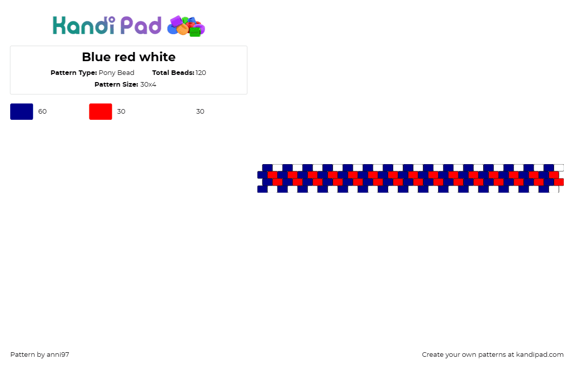 Blue red white - Pony Bead Pattern by anni97 on Kandi Pad - bracelet,cuff,vibrant,wristwear,combination,hues,blue,red,white,patriotic