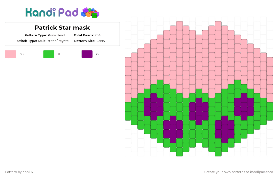 Patrick Star mask - Pony Bead Pattern by anni97 on Kandi Pad - green, pink