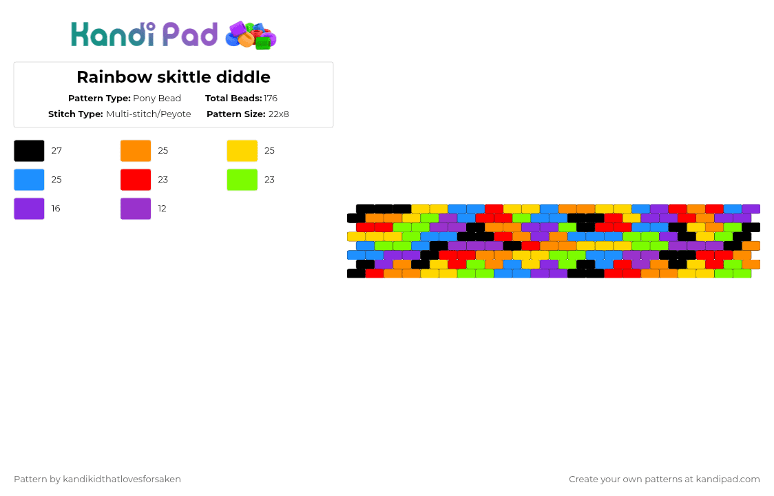 Rainbow skittle diddle - Pony Bead Pattern by kandikidthatlovesforsaken on Kandi Pad - orange,green,purple,colorful