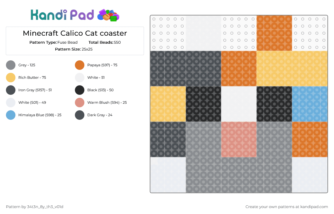 Minecraft Calico Cat coaster Fuse Bead Pattern - Kandi Pad | Kandi ...