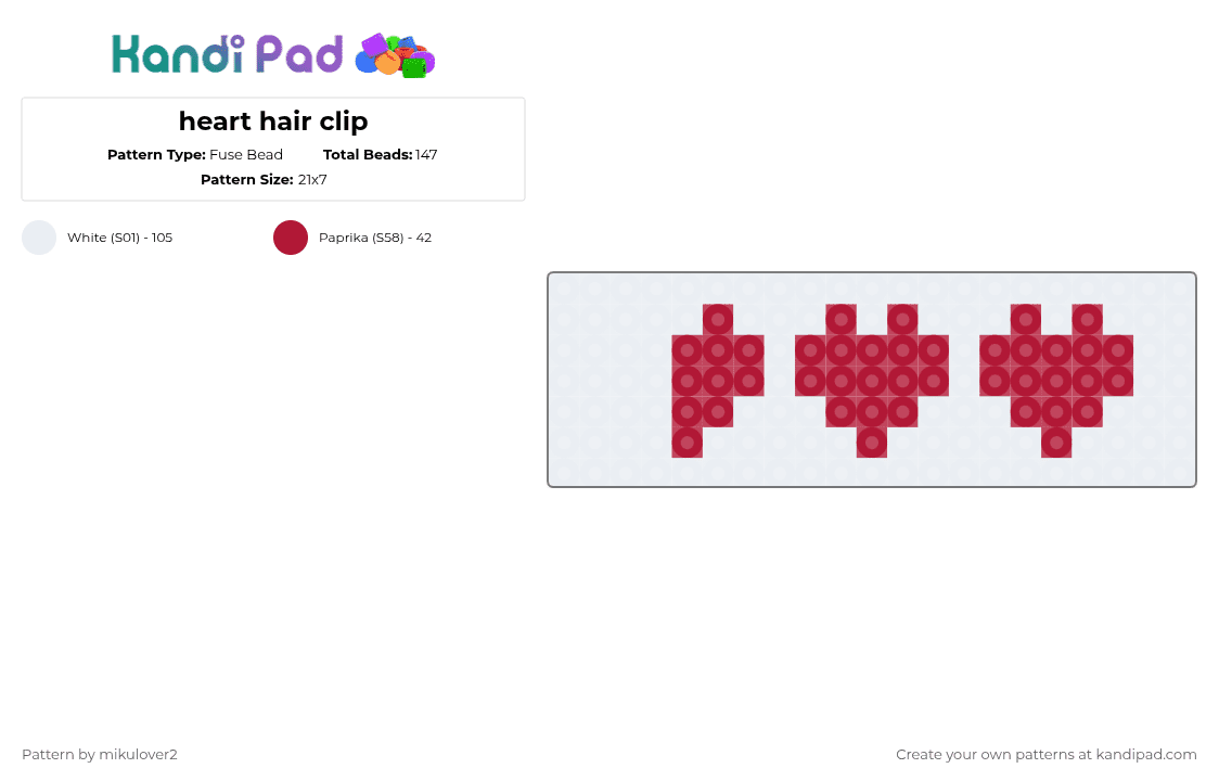 heart hair clip - Fuse Bead Pattern by mikulover2 on Kandi Pad - red, white