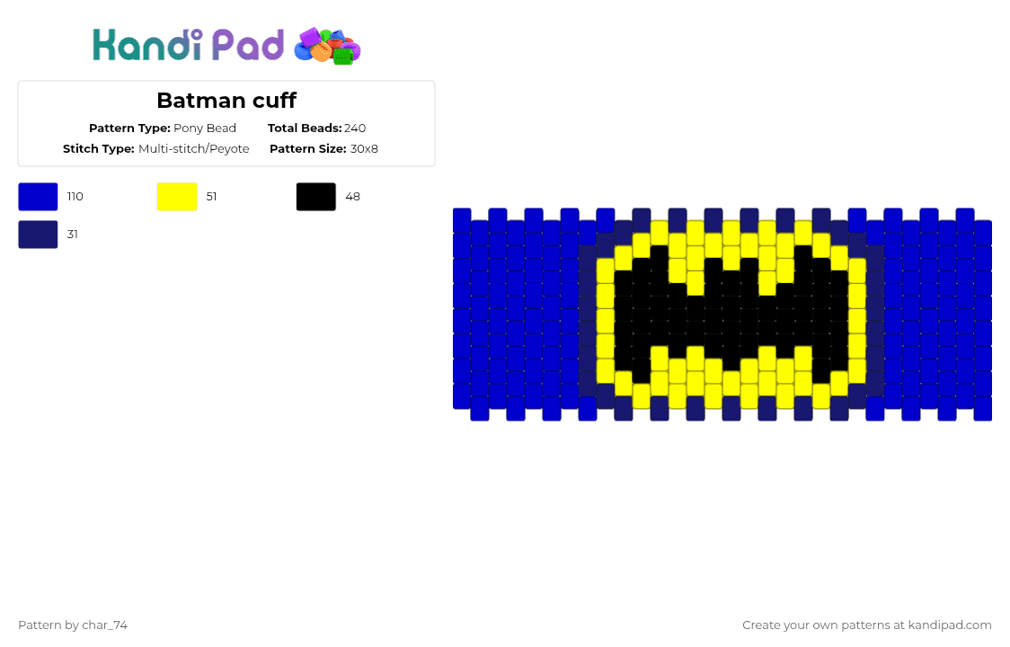 Batman cuff - Pony Bead Pattern by char_74 on Kandi Pad - purple,yellow,cuff,batman,dc