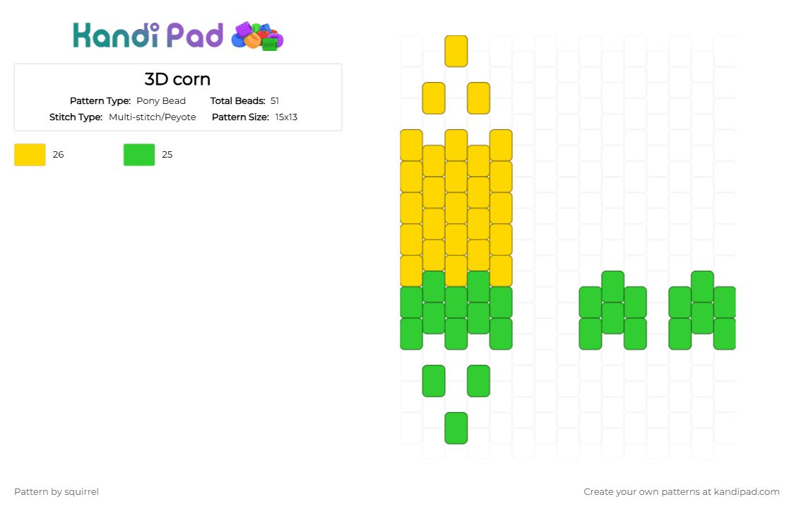 3D corn - Pony Bead Pattern by squirrel on Kandi Pad - corn, green, vegetable, yellow