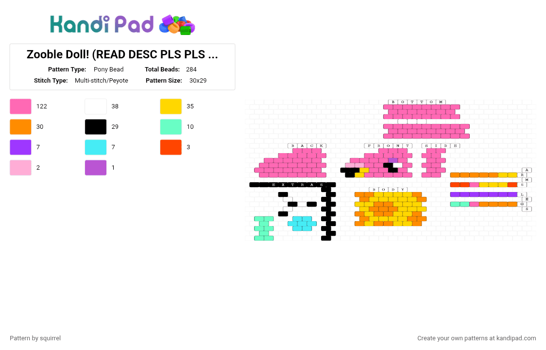 Zooble Doll! (READ DESC PLS PLS PLS) - Pony Bead Pattern by squirrel on Kandi Pad - pink,yellow,orange