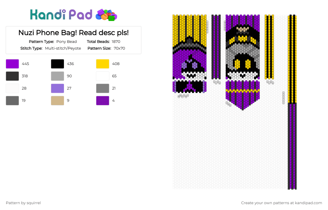 Nuzi Phone Bag! Read desc pls! - Pony Bead Pattern by squirrel on Kandi Pad - yellow,purple,md,murder drones,nuzi,n,uzi,bag