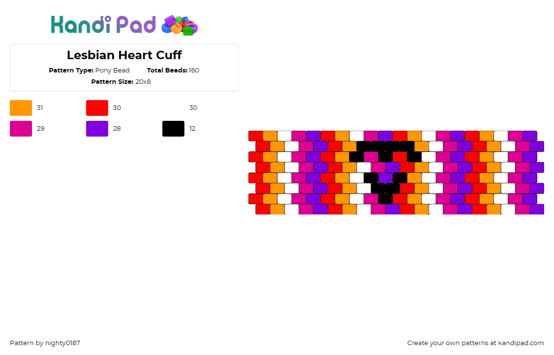 Lesbian Heart Cuff - Pony Bead Pattern by nighty0187 on Kandi Pad - lesbian,pride,hearts,stripes,cuff