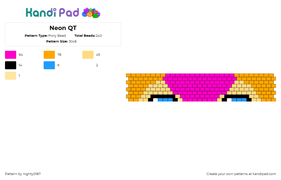 Neon QT - Pony Bead Pattern by nighty0187 on Kandi Pad - neon qt,lol surprise,tot,doll,cuff,pink,orange