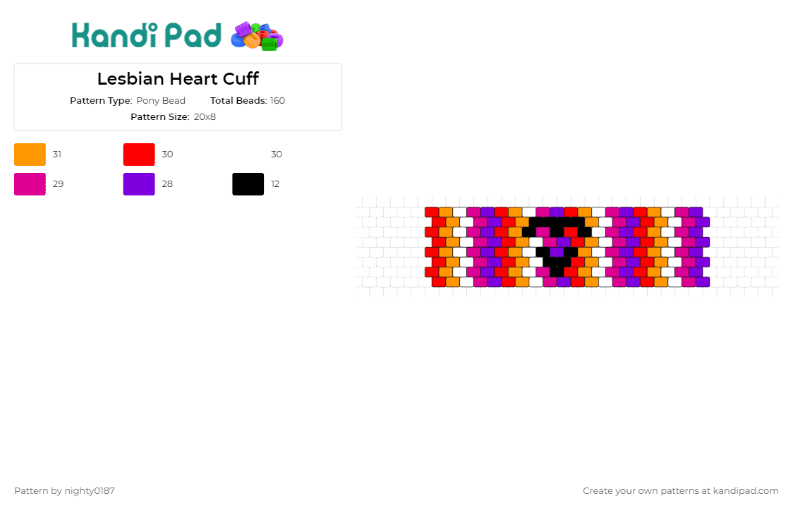 Lesbian Heart Cuff - Pony Bead Pattern by nighty0187 on Kandi Pad - lesbian,pride,hearts,stripes,cuff