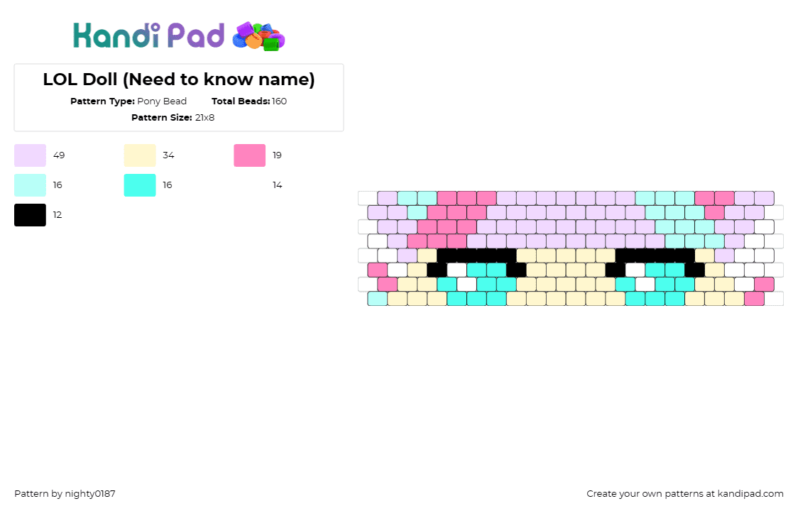 LOL Doll (Need to know name) - Pony Bead Pattern by nighty0187 on Kandi Pad - lol surprise,toy,children,cuff,pastel,purple,teal