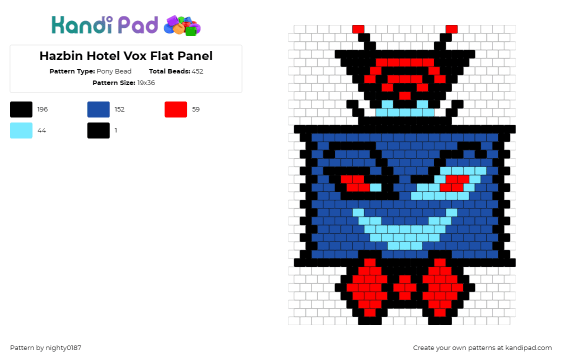 Hazbin Hotel Vox Flat Panel - Pony Bead Pattern by nighty0187 on Kandi Pad - vox,hazbin hotel,demon,character,animated,smile,modern,television,blue