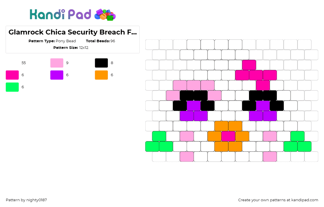 Glamrock Chica Security Breach Flat Charm - Pony Bead Pattern by nighty0187 on Kandi Pad - chica,glamrock,fnaf,five nights at freddys,video game,character,horror,white,pink