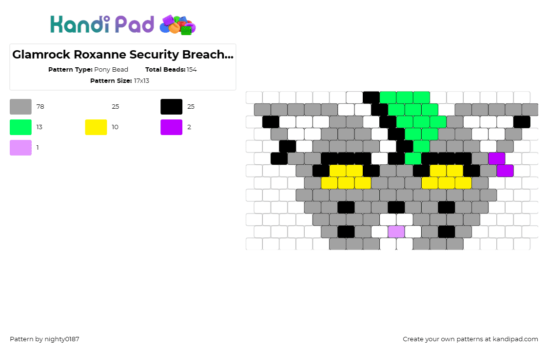 Glamrock Roxanne Security Breach Flat Charm - Pony Bead Pattern by nighty0187 on Kandi Pad - roxanne,glamrock,fnaf,five nights at freddys,character,video game,horror,gray