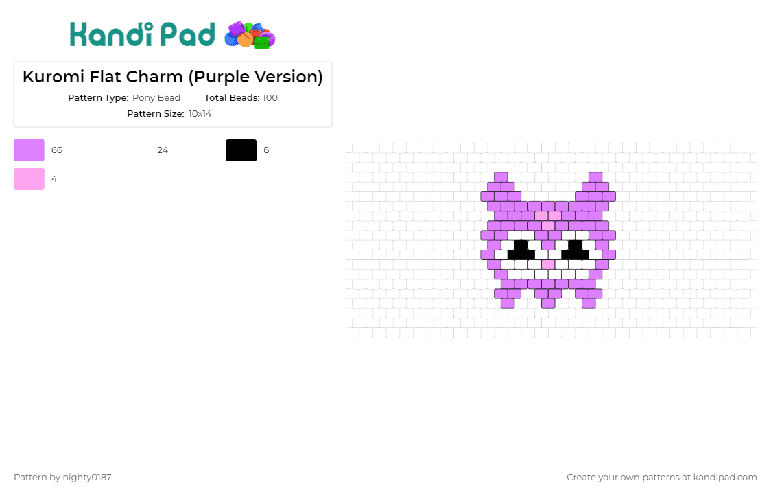 Kuromi Flat Charm (Purple Version) - Pony Bead Pattern by nighty0187 on Kandi Pad - sanrio,hello kitty,kuromi,charm