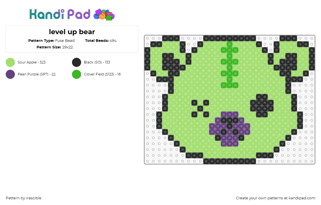 level up bear - Fuse Bead Pattern by irascible on Kandi Pad - level up,teddy,bear,dj,music,edm,zombie,spooky,cute,stitches,green,purple