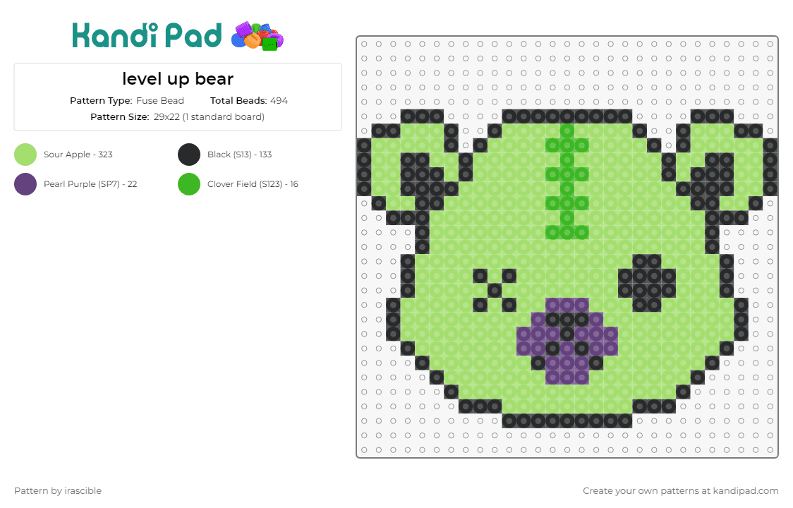 level up bear - Fuse Bead Pattern by irascible on Kandi Pad - level up,teddy,bear,dj,music,edm,zombie,spooky,cute,stitches,green,purple