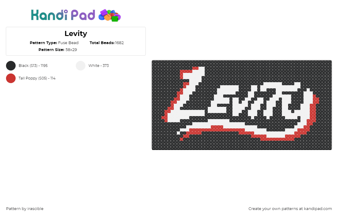 Levity - Fuse Bead Pattern by irascible on Kandi Pad - levity,logo,text,dj,music,edm,sign,white,red,black