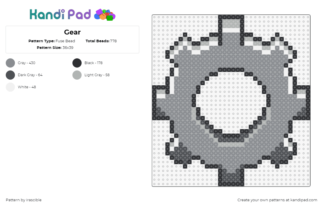 Gear - Fuse Bead Pattern by irascible on Kandi Pad - gear,cog,machine,gray