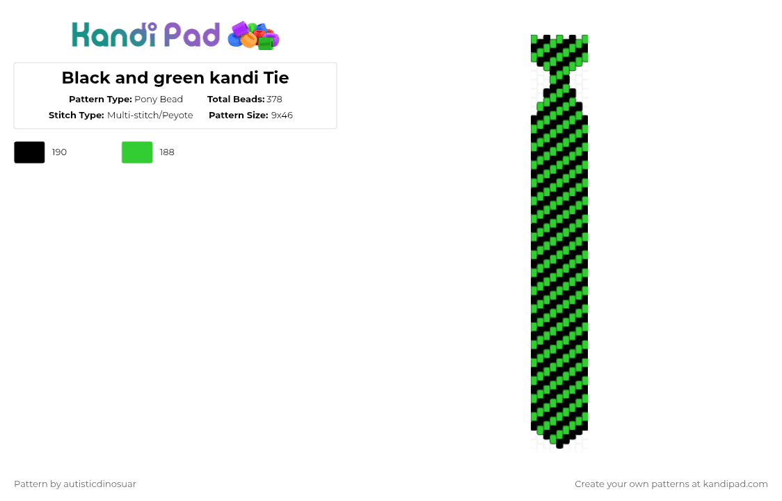 Black and green kandi Tie - Pony Bead Pattern by autisticdinosuar on Kandi Pad - green,black,tie,black and green,kandi,stripe