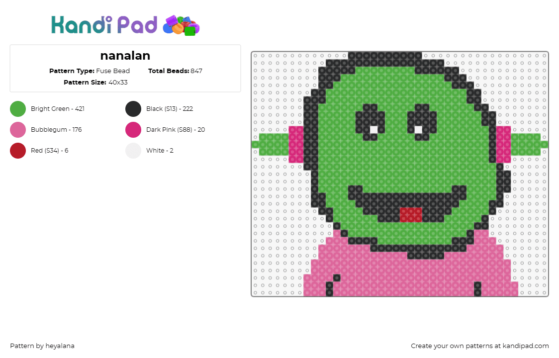 nanalan - Fuse Bead Pattern by heyalana on Kandi Pad - mona,nanalan,tv,character,children's show,green,pink