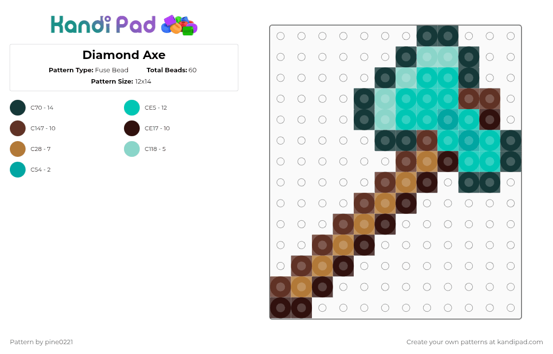 Diamond Axe - Fuse Bead Pattern by pine0221 on Kandi Pad - teal,brown,diamond axe,axe,minecraft