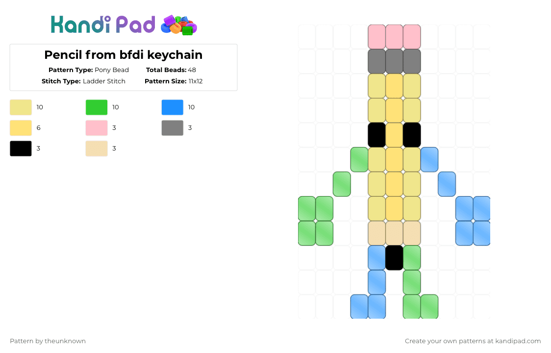 Pencil from bfdi keychain - Pony Bead Pattern by theunknown on Kandi Pad - yellow,green,light blue