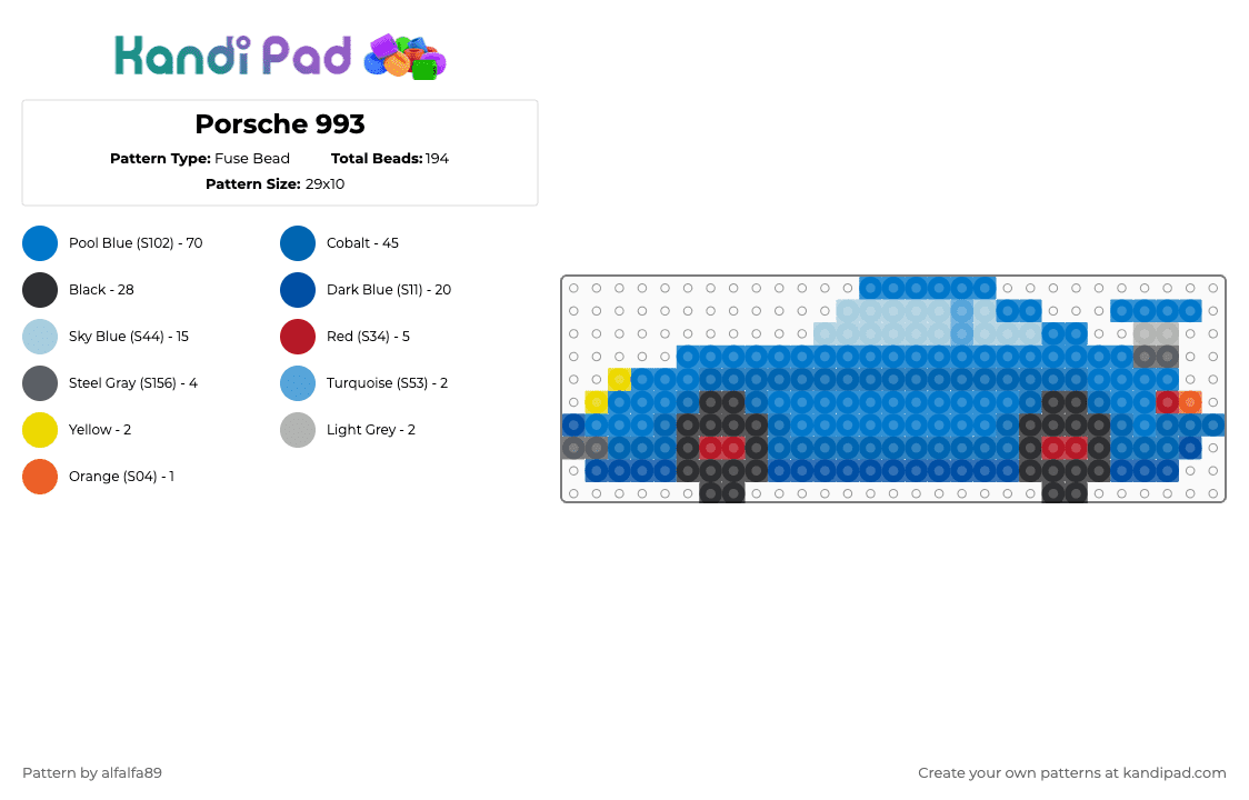 Porsche 993 - Fuse Bead Pattern by alfalfa89 on Kandi Pad - blue,porsche,car,sports car,cotdesports