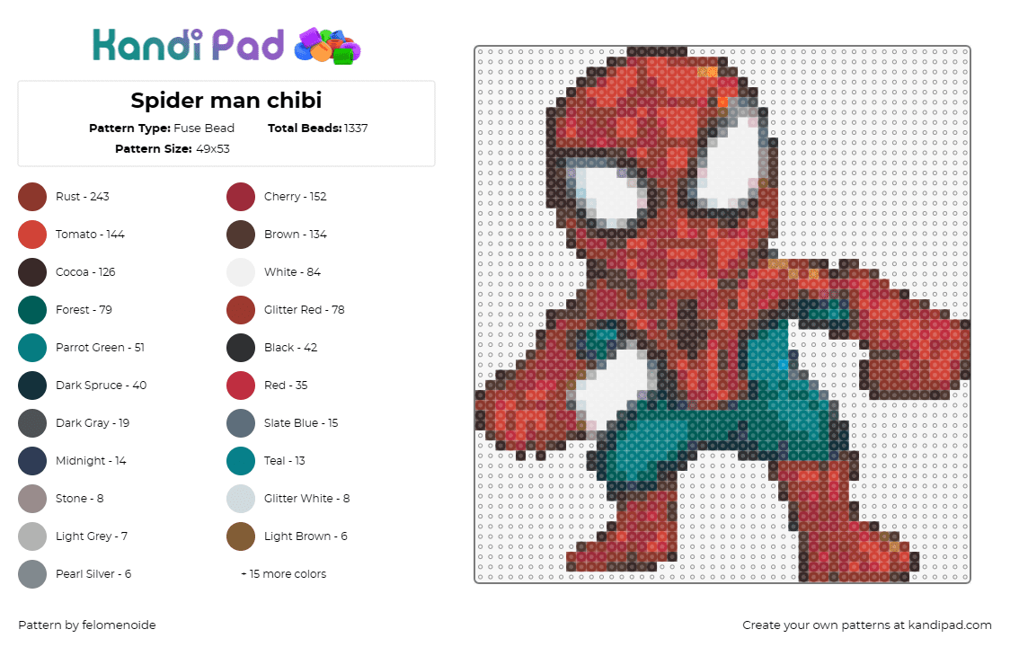 Spider man chibi - Fuse Bead Pattern by felomenoide on Kandi Pad - spider man,chibi,marvel,superhero,action,fun-sized,comic,characters